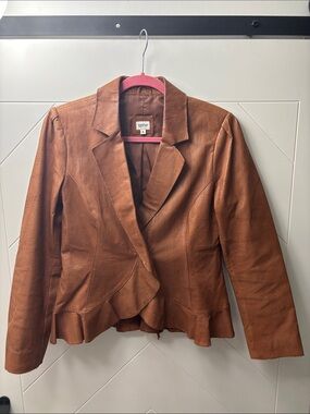 Together Women's Brown 100% Leather Ruffled Hem Jacket
